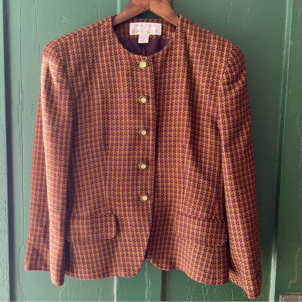 Vintage Rena Rowan Saville Designer Blazer Houndstooth Pattern Size 8 Wool Blend